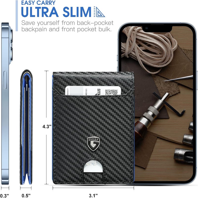 GSOIAX Slim Wallet for Men RFID Blocking Bifold Wallet Carbon Fiber Front Pocket Wallet with 11 Card Holder Minimalist Mens Wallet with Gift Box(Carbon Blue) - Image 3